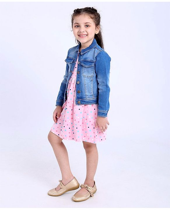 Babyhug Sleeveless Frock with Denim Jacket - Pink