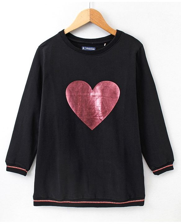 Pine Kids Full Sleeves Bio Wash Frock Heart Print - Black