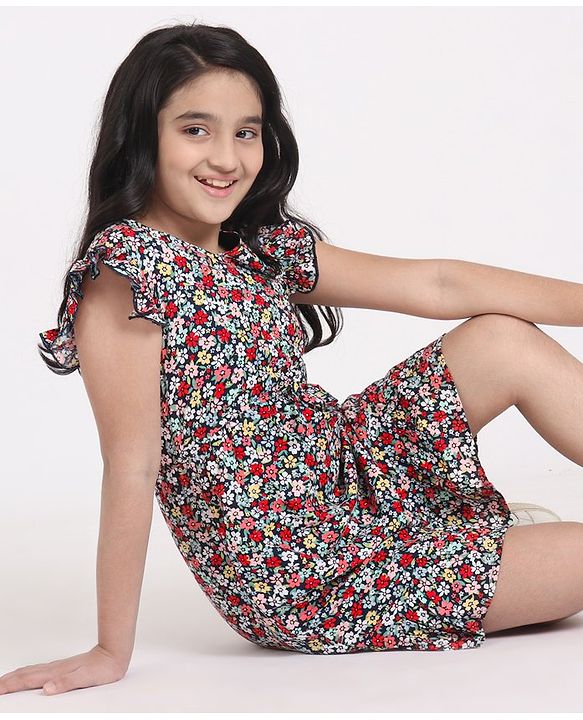 Pine Kids Frill Sleeves Softner Wash Frock Floral Print - Black