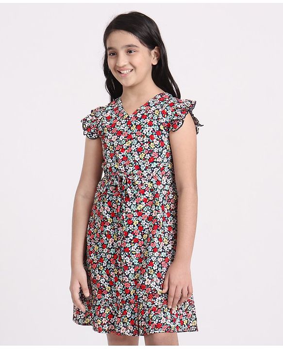 Pine Kids Frill Sleeves Softner Wash Frock Floral Print - Black