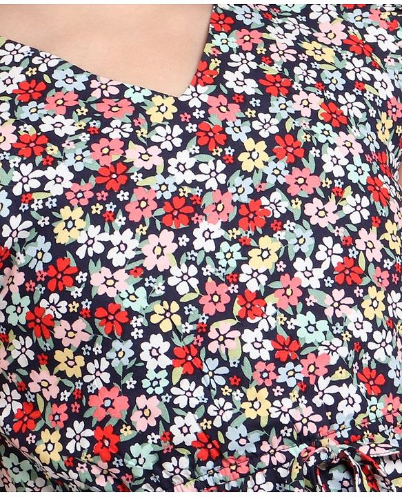 Pine Kids Frill Sleeves Softner Wash Frock Floral Print - Black
