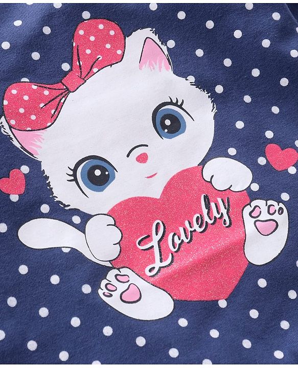Babyhug Cotton Knit Full Sleeves Tee Kitty Print - Navy