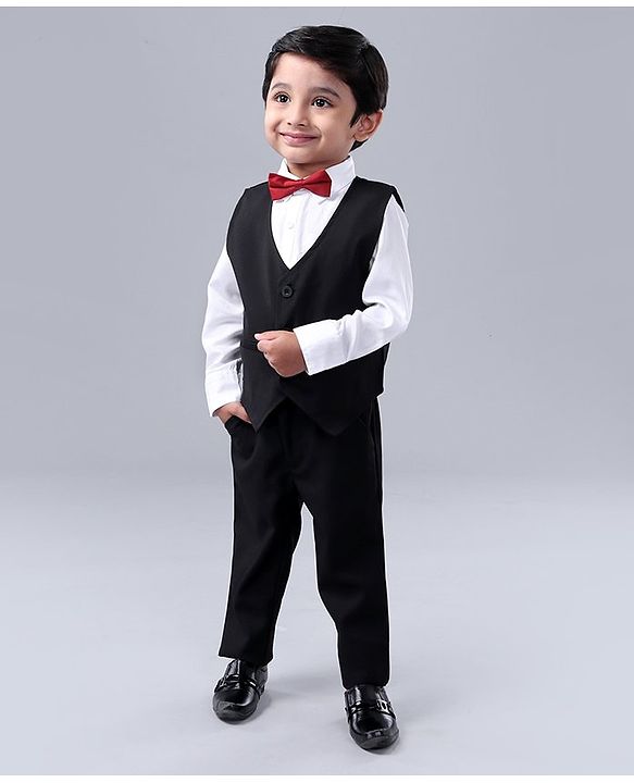 Babyhug Full Sleeves 3 Piece Party Suit Solid with Bow - Black