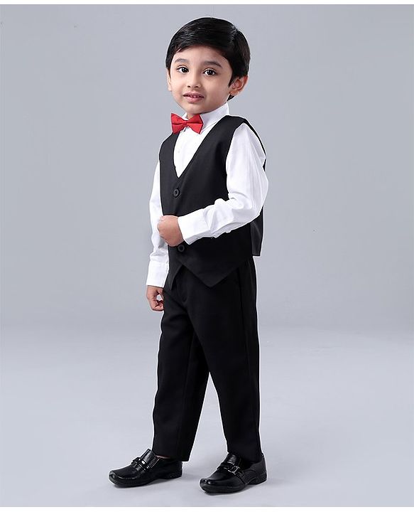 Babyhug Full Sleeves 3 Piece Party Suit Solid with Bow - Black