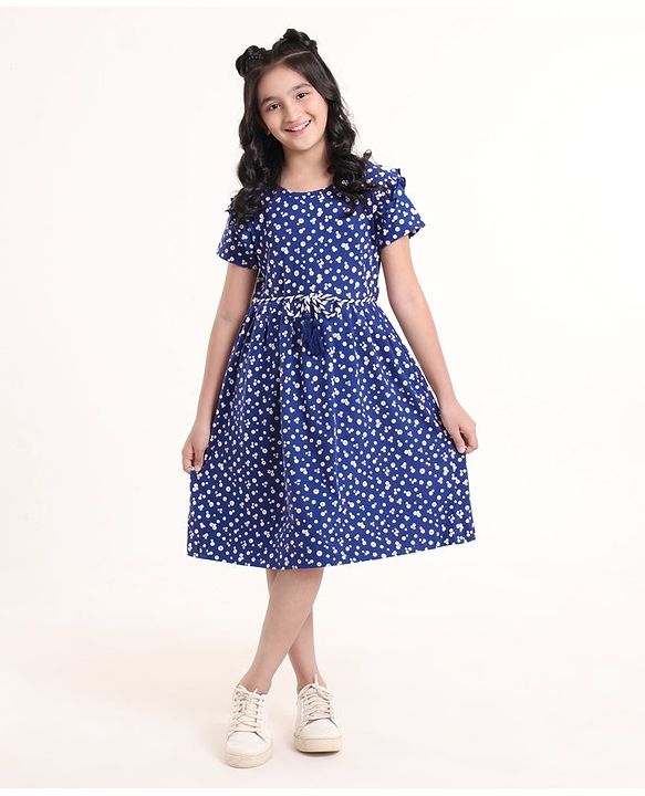 Pine Kids Short Sleeves Bio Wash Frock Floral Print - Blue