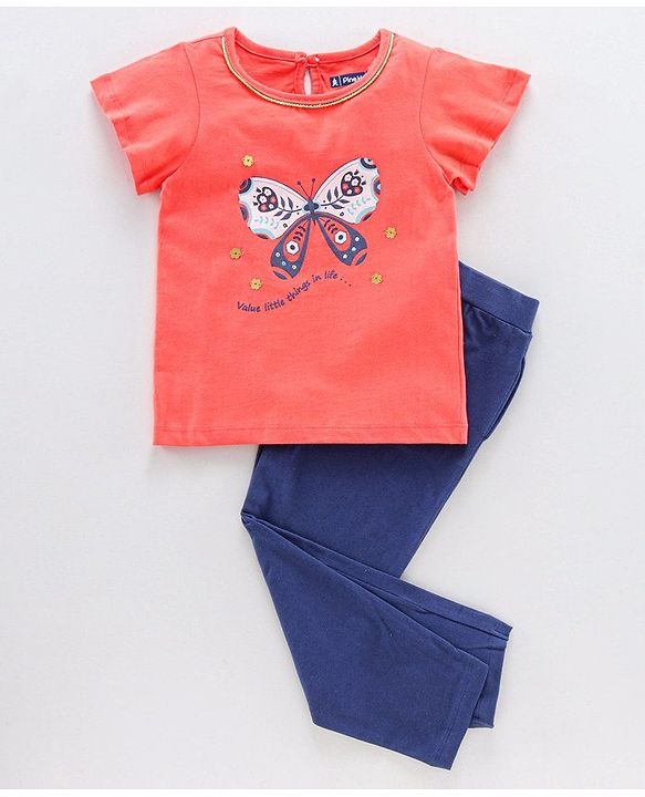 Pine Kids Half Sleeves Bio Wash Top & Legging Set Butterfly Print - Peach Blue