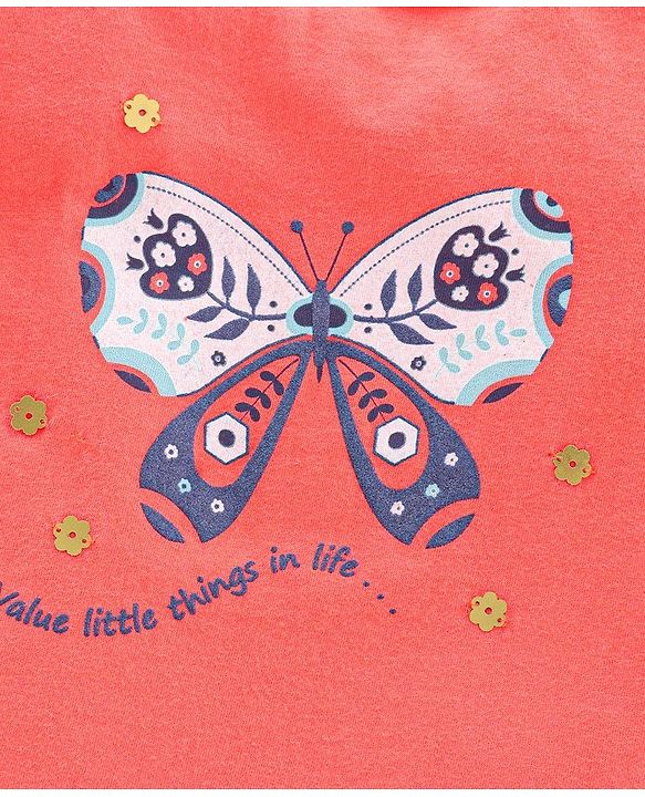Pine Kids Half Sleeves Bio Wash Top & Legging Set Butterfly Print - Peach Blue