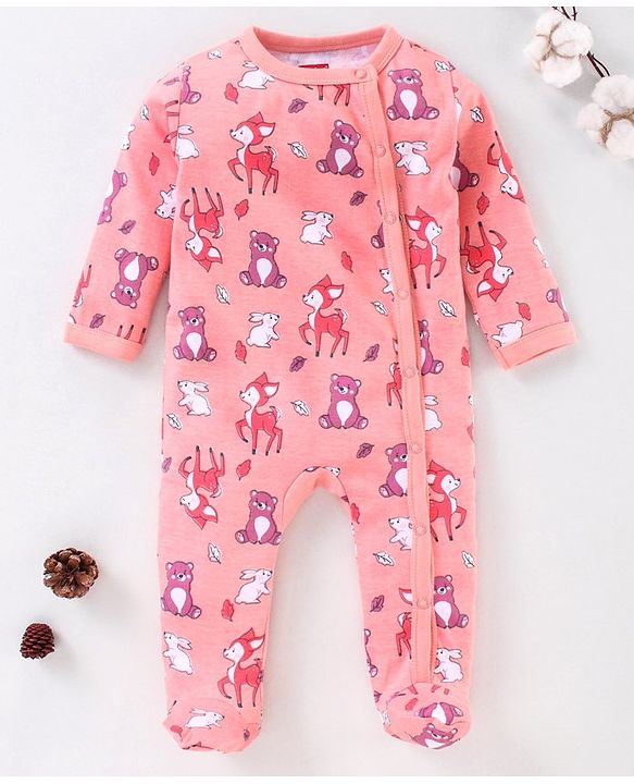 Babyhug Full Sleeves Footed Sleep Suit Animals Print - Peach