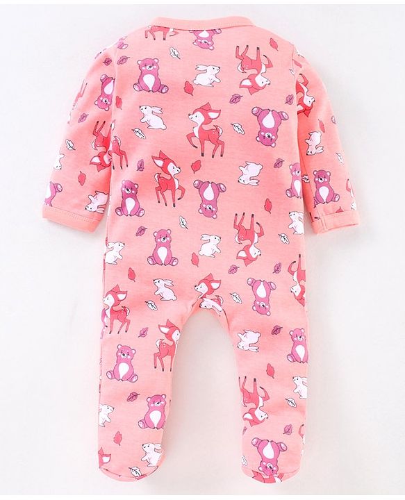 Babyhug Full Sleeves Footed Sleep Suit Animals Print - Peach