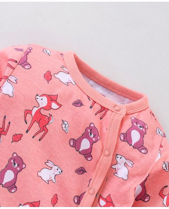 Babyhug Full Sleeves Footed Sleep Suit Animals Print - Peach