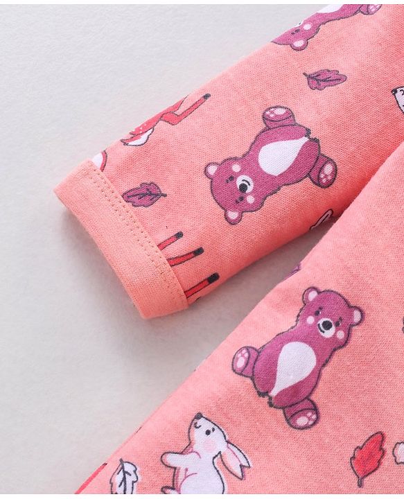 Babyhug Full Sleeves Footed Sleep Suit Animals Print - Peach