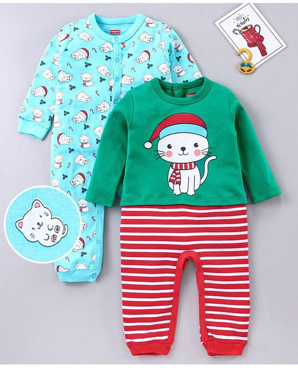 Babyhug 100% Cotton Full Sleeves Printed Romper Pack of 2 - Multicolor
