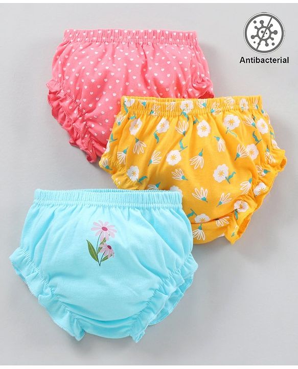 Babyhug 100% Cotton Antibacterial Bloomers Printed Pack of 3 - Blue Yellow Pink