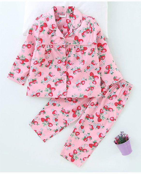 Babyhug Full Sleeves Woven Shirt & Pajama Set Strawberry Print - Pink