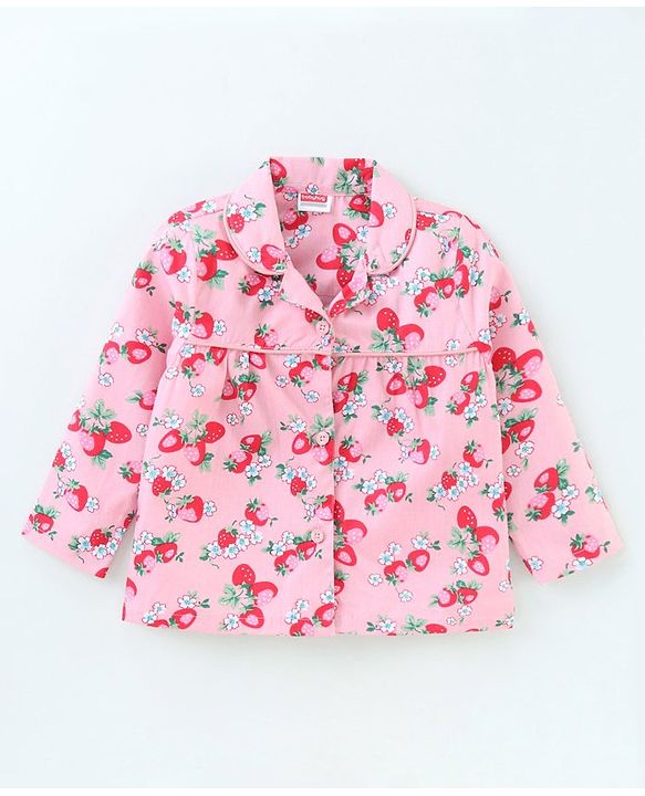 Babyhug Full Sleeves Woven Shirt & Pajama Set Strawberry Print - Pink