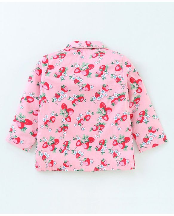 Babyhug Full Sleeves Woven Shirt & Pajama Set Strawberry Print - Pink
