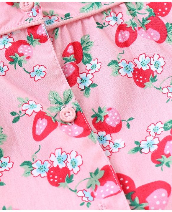 Babyhug Full Sleeves Woven Shirt & Pajama Set Strawberry Print - Pink