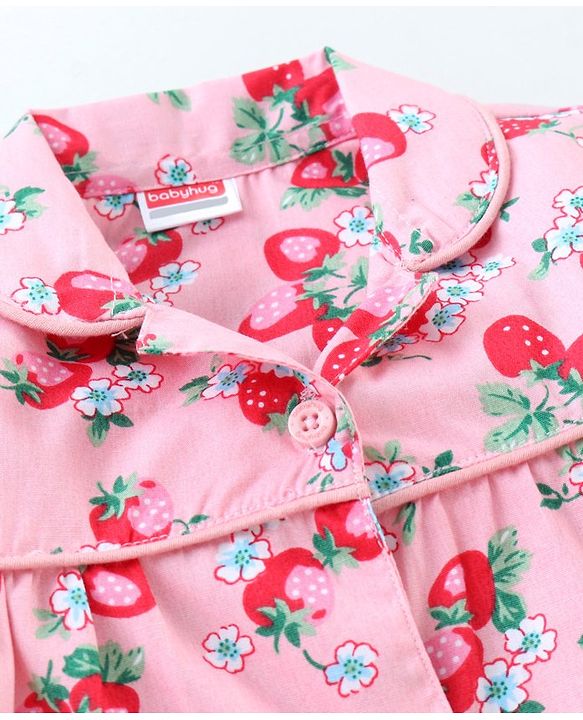 Babyhug Full Sleeves Woven Shirt & Pajama Set Strawberry Print - Pink