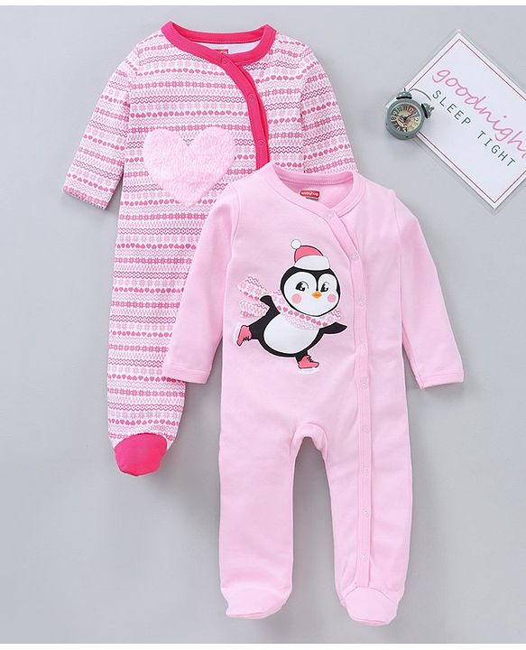 Babyhug Full Sleeves Sleep Suit Penguin Graphic Pack of 2 - Pink