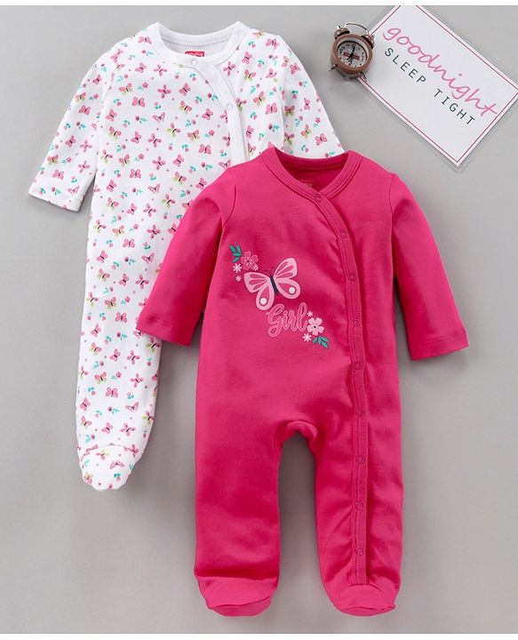 Babyhug Full Sleeves Footed Sleep Suit Pack of 2 - White Pink
