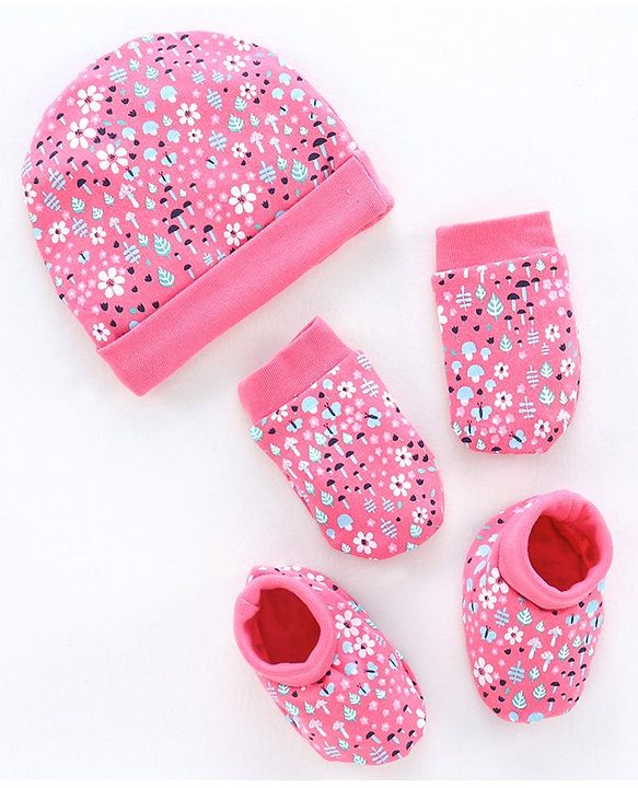 Babyhug 100% Cotton Cap, Mittens & Booties Floral Print - Pink