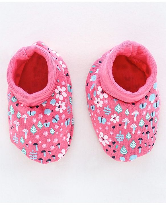 Babyhug 100% Cotton Cap, Mittens & Booties Floral Print - Pink