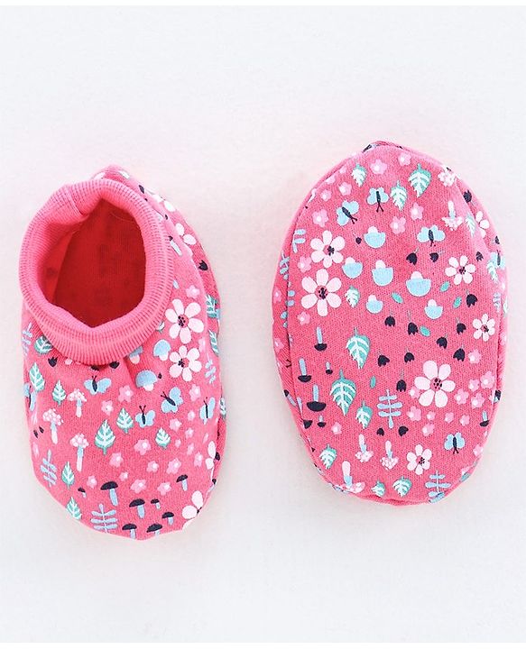 Babyhug 100% Cotton Cap, Mittens & Booties Floral Print - Pink