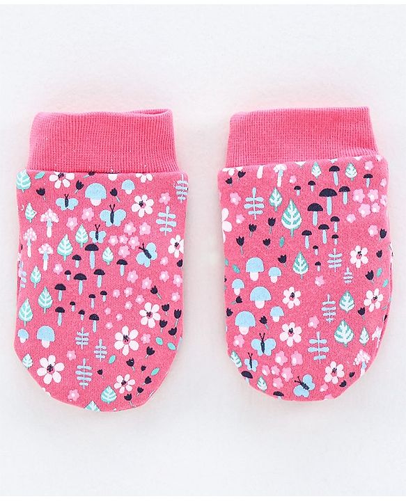 Babyhug 100% Cotton Cap, Mittens & Booties Floral Print - Pink