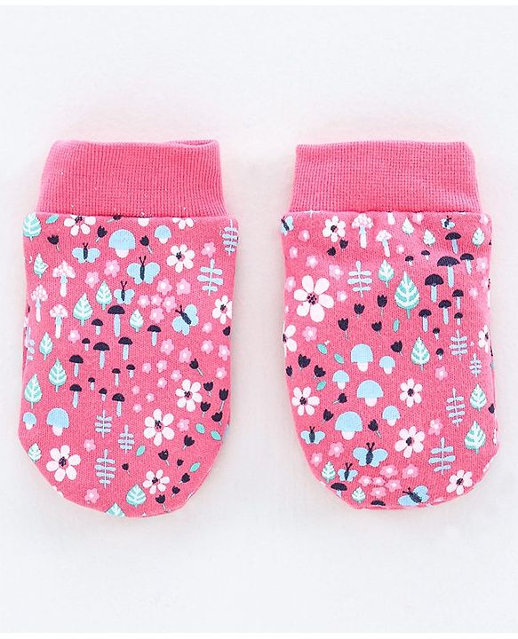 Babyhug 100% Cotton Cap, Mittens & Booties Floral Print - Pink