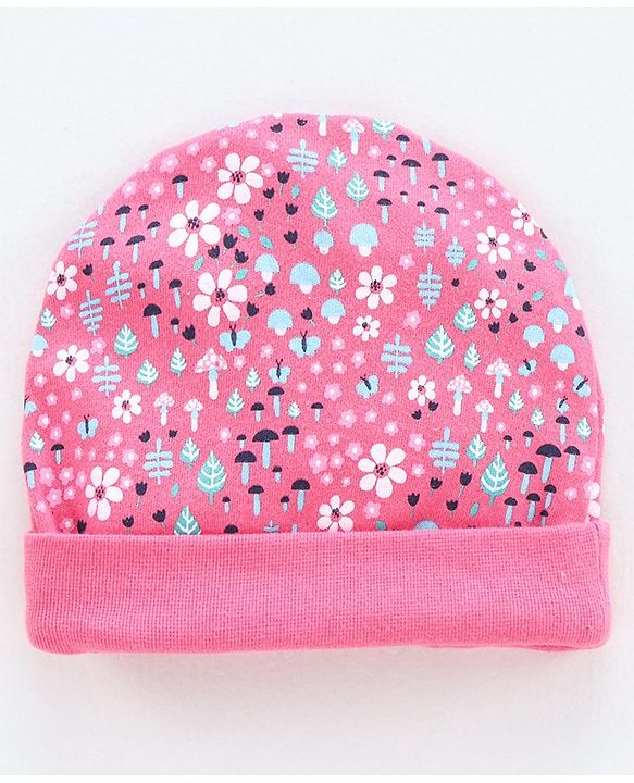 Babyhug 100% Cotton Cap, Mittens & Booties Floral Print - Pink
