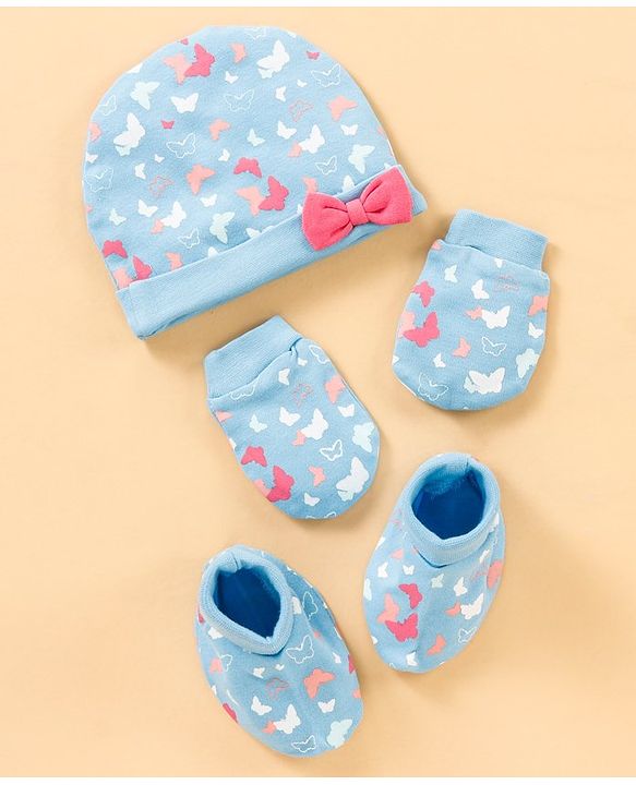 Babyhug 100% Cotton Cap, Mittens & Booties Set Butterfly Print & Bow Applique - Blue