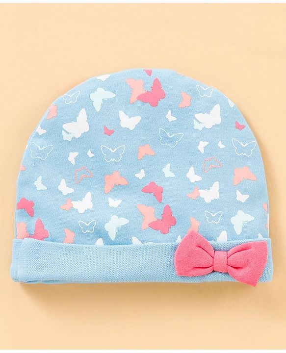 Babyhug 100% Cotton Cap, Mittens & Booties Set Butterfly Print & Bow Applique - Blue