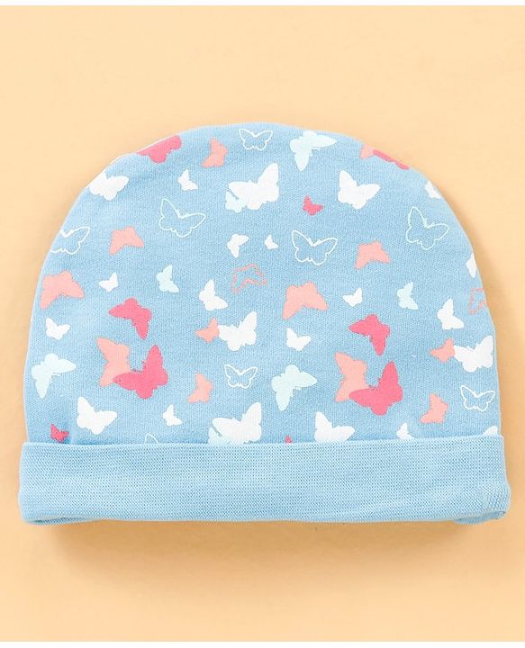 Babyhug 100% Cotton Cap, Mittens & Booties Set Butterfly Print & Bow Applique - Blue