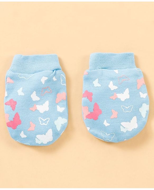 Babyhug 100% Cotton Cap, Mittens & Booties Set Butterfly Print & Bow Applique - Blue
