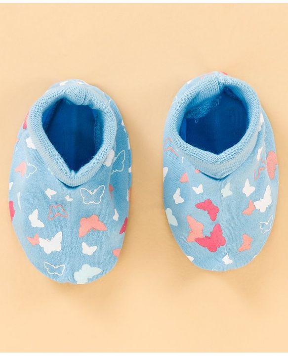 Babyhug 100% Cotton Cap, Mittens & Booties Set Butterfly Print & Bow Applique - Blue