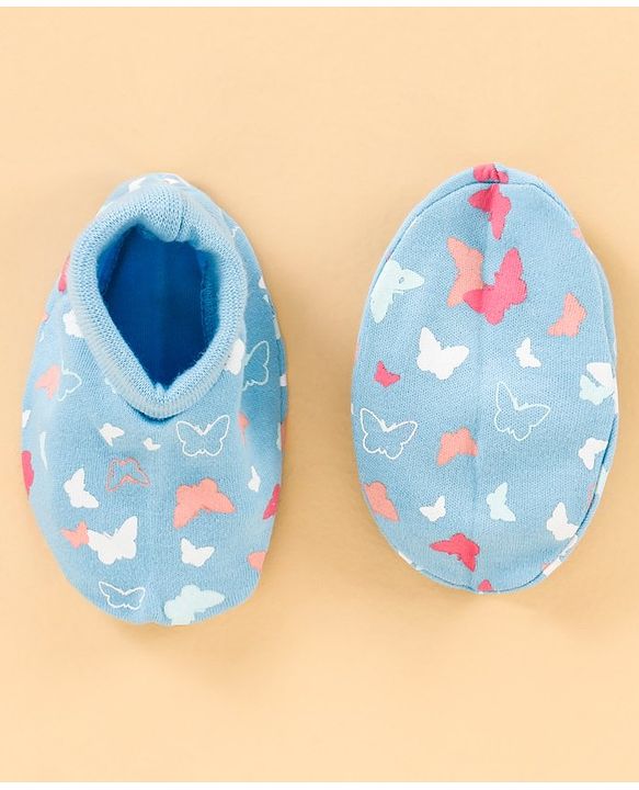 Babyhug 100% Cotton Cap, Mittens & Booties Set Butterfly Print & Bow Applique - Blue