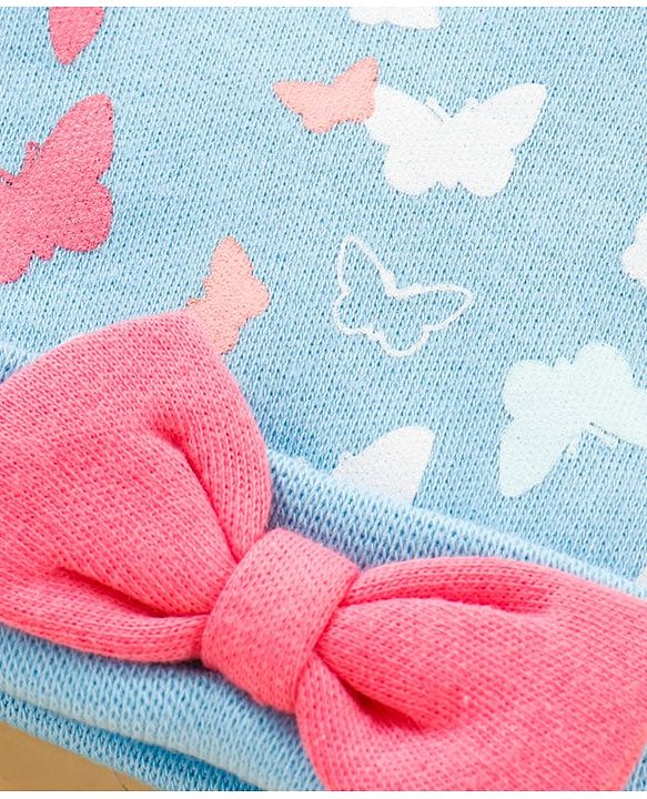 Babyhug 100% Cotton Cap, Mittens & Booties Set Butterfly Print & Bow Applique - Blue
