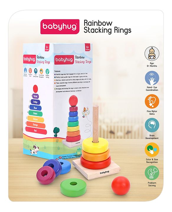 Babyhug Premium Wooden Rainbow Stacking Rings Multicolor - 7 rings| Non-Toxic| Organic & Safe|  BIS Certified