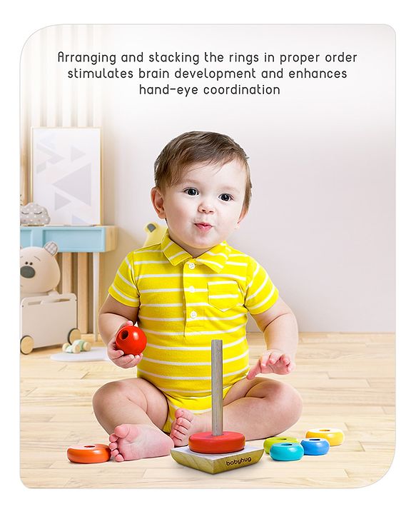 Babyhug Premium Wooden Rainbow Stacking Rings Multicolor - 7 rings| Non-Toxic| Organic & Safe|  BIS Certified