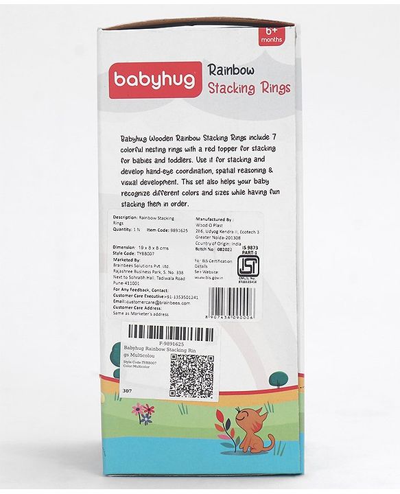 Babyhug Premium Wooden Rainbow Stacking Rings Multicolor - 7 rings| Non-Toxic| Organic & Safe|  BIS Certified