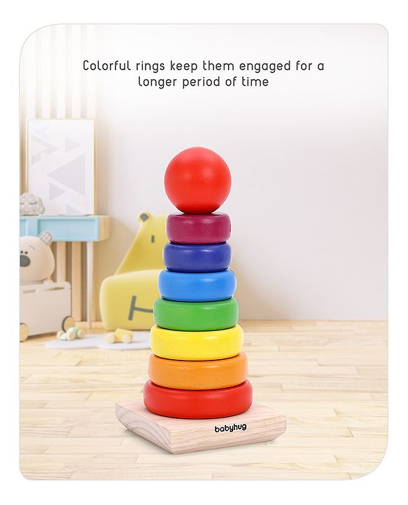 Babyhug Premium Wooden Rainbow Stacking Rings Multicolor - 7 rings| Non-Toxic| Organic & Safe|  BIS Certified