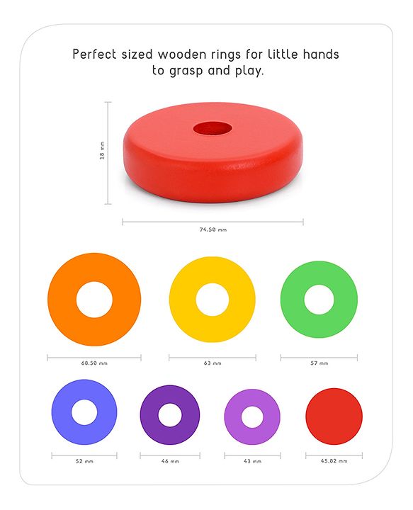 Babyhug Premium Wooden Rainbow Stacking Rings Multicolor - 7 rings| Non-Toxic| Organic & Safe|  BIS Certified