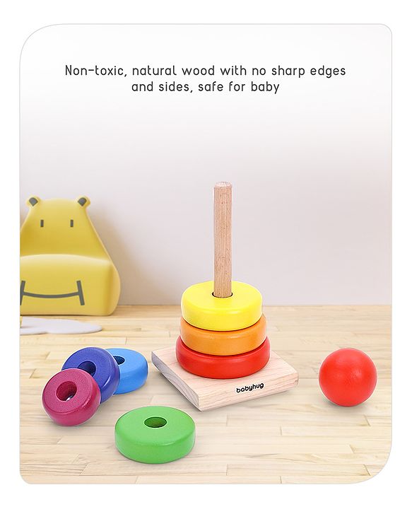 Babyhug Premium Wooden Rainbow Stacking Rings Multicolor - 7 rings| Non-Toxic| Organic & Safe|  BIS Certified