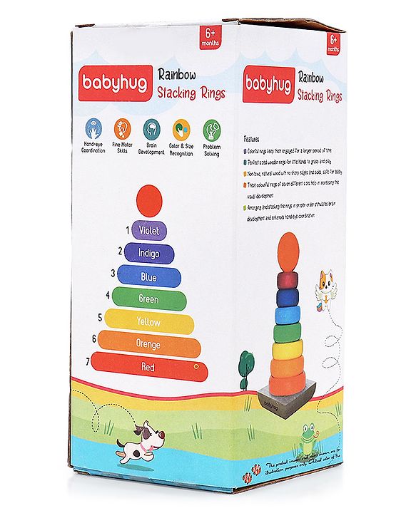 Babyhug Premium Wooden Rainbow Stacking Rings Multicolor - 7 rings| Non-Toxic| Organic & Safe|  BIS Certified
