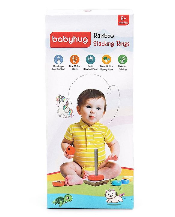 Babyhug Premium Wooden Rainbow Stacking Rings Multicolor - 7 rings| Non-Toxic| Organic & Safe|  BIS Certified