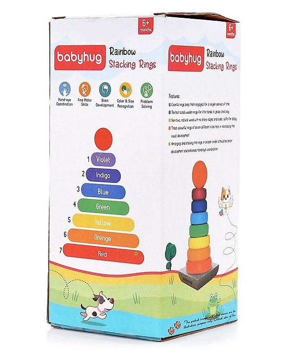 Babyhug Premium Wooden Rainbow Stacking Rings Multicolor - 7 rings| Non-Toxic| Organic & Safe|  BIS Certified