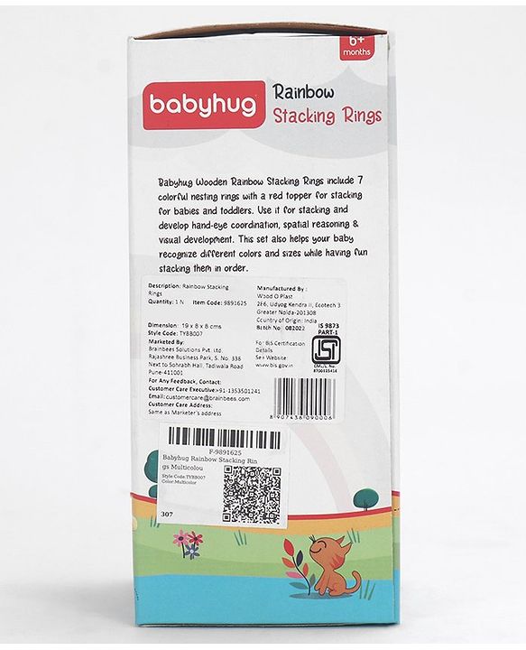Babyhug Premium Wooden Rainbow Stacking Rings Multicolor - 7 rings| Non-Toxic| Organic & Safe|  BIS Certified