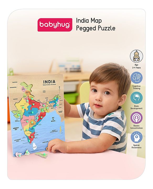 Babyhug India Map Wooden Pegged Puzzle - 19 Pieces | Educational Geography Puzzle with Pegged Pieces | Builds Spatial Awareness & Cultural Knowledge | Durable & Safe | BIS Certified