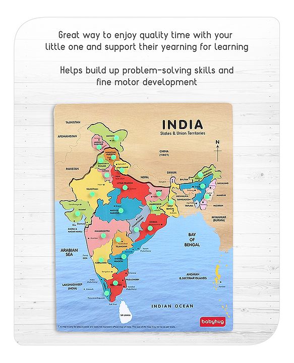 Babyhug India Map Wooden Pegged Puzzle - 19 Pieces | Educational Geography Puzzle with Pegged Pieces | Builds Spatial Awareness & Cultural Knowledge | Durable & Safe | BIS Certified