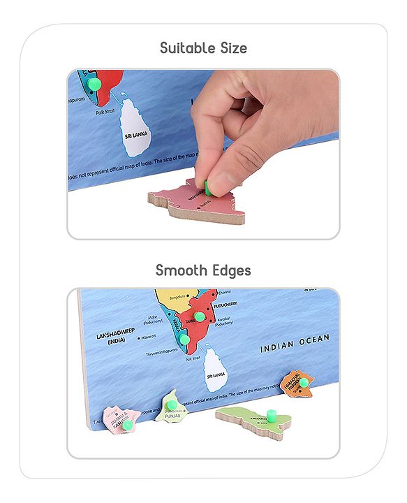 Babyhug India Map Wooden Pegged Puzzle - 19 Pieces | Educational Geography Puzzle with Pegged Pieces | Builds Spatial Awareness & Cultural Knowledge | Durable & Safe | BIS Certified